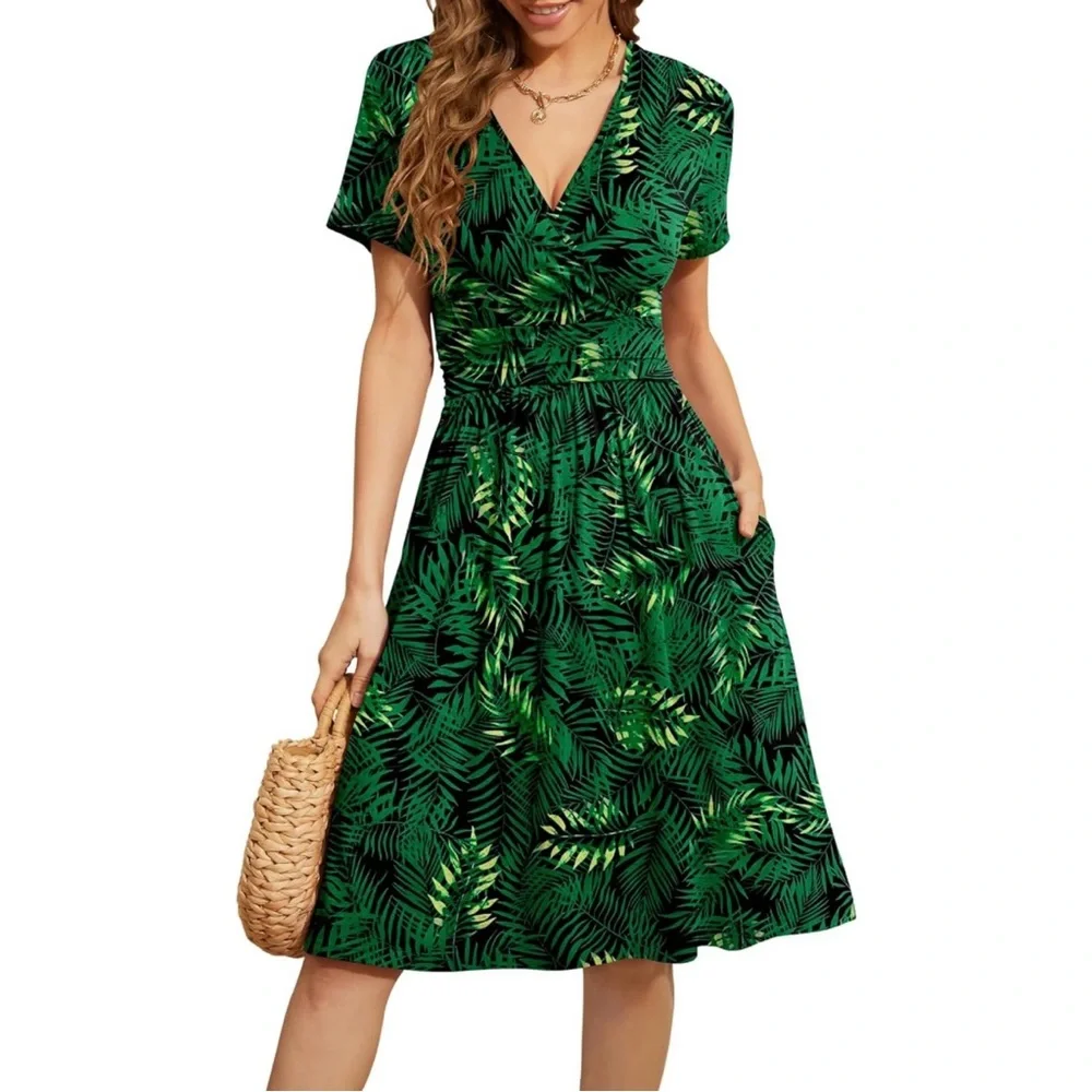 Women short sleeves casual dress V-neck floral party dress with pockets NWT - Picture 2 of 5